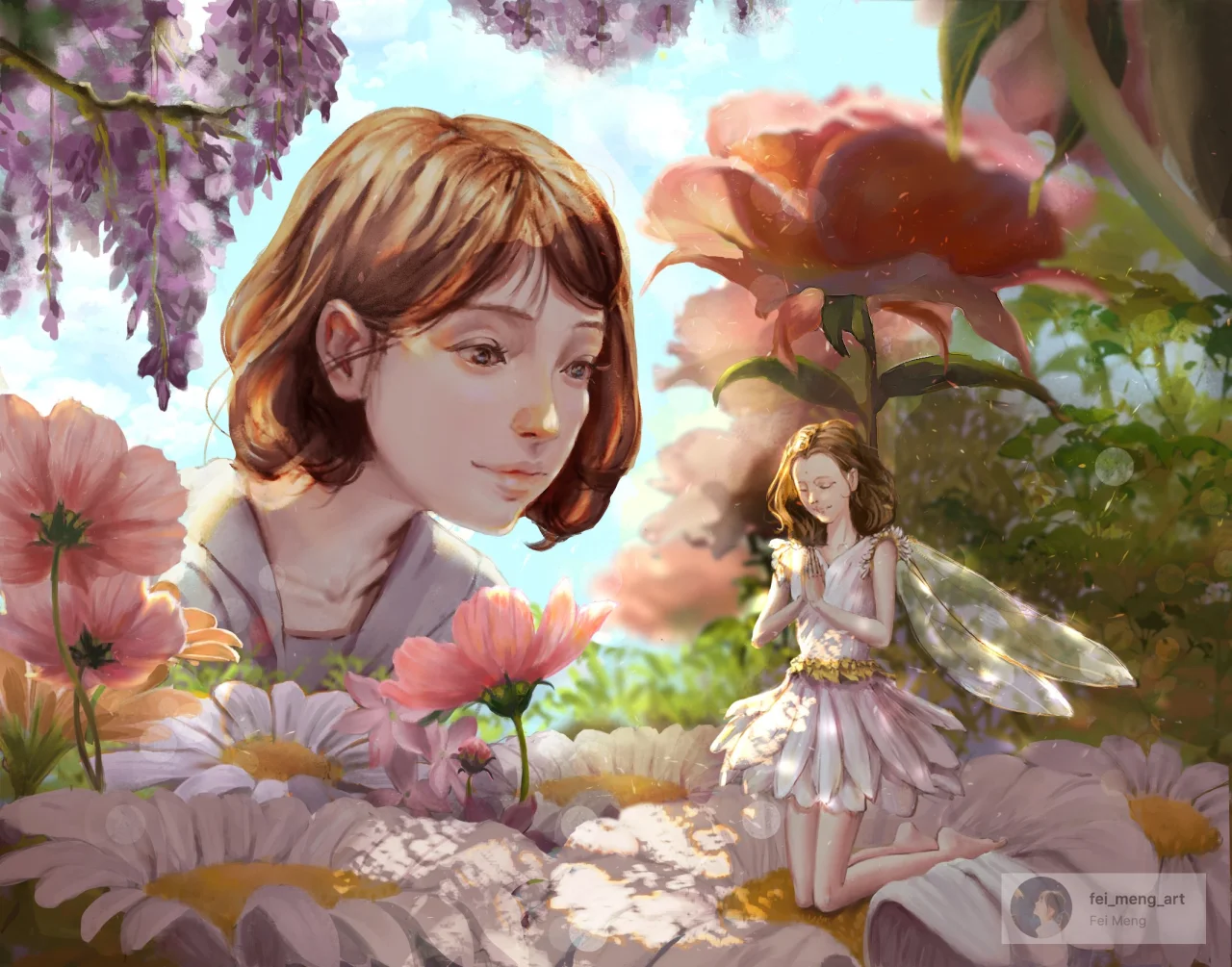 A young woman's face appears among oversized flowers beside a small winged fairy figure in a garden scene.