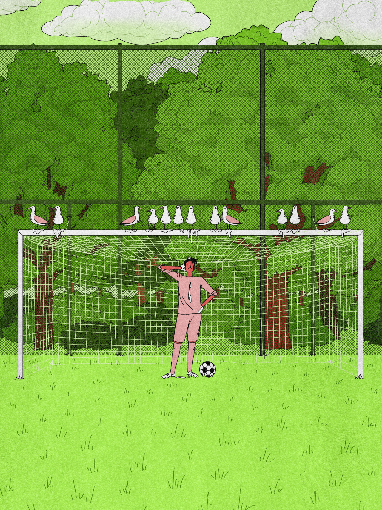 Goalkeeper in pink standing in front of goal net on grass pitch with white birds perched on fence and trees in background