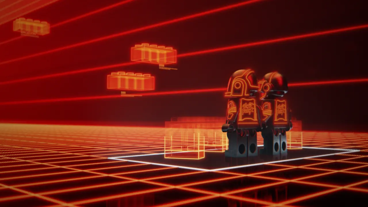 A neon orange robot with geometric patterns stands on a gridded floor in a red-tinted digital landscape with floating rectangular structures and laser beams overhead