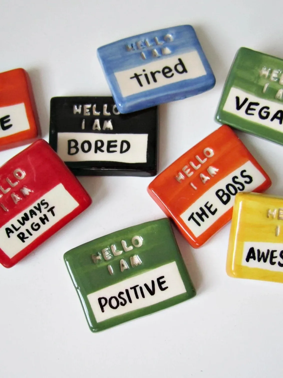 Personalised 'Hello I Am' Ceramic Badge by Bear In Mind Design. Photo via [Holly.co](https://holly.co/)