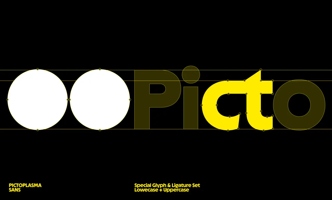 Pictoplasma logo featuring two white circles and yellow lettering on a black background, with Pictoplasma Sans typeface displayed below
