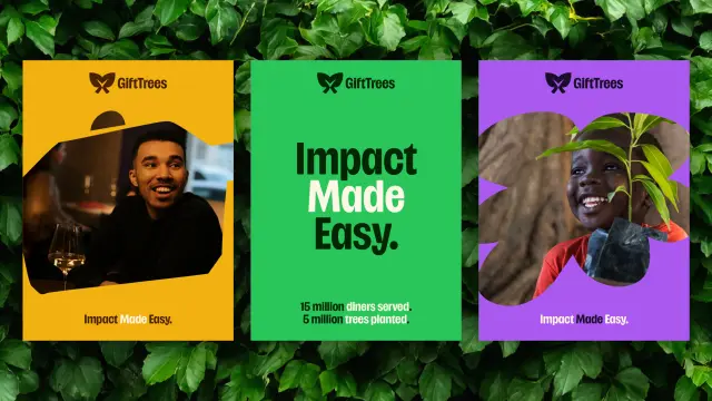Three GiftTrees branded cards on a leafy background showing impact messaging with photographs of people and the tagline "Impact Made Easy