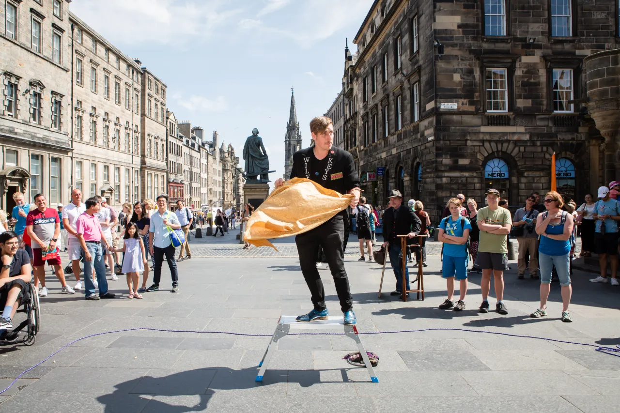 Magician Wilf Keys performing as part of Ruth Ewan's Sympathetic Magick, Edinburgh Art Festival 2018. Photo: Sally Jubb Photography