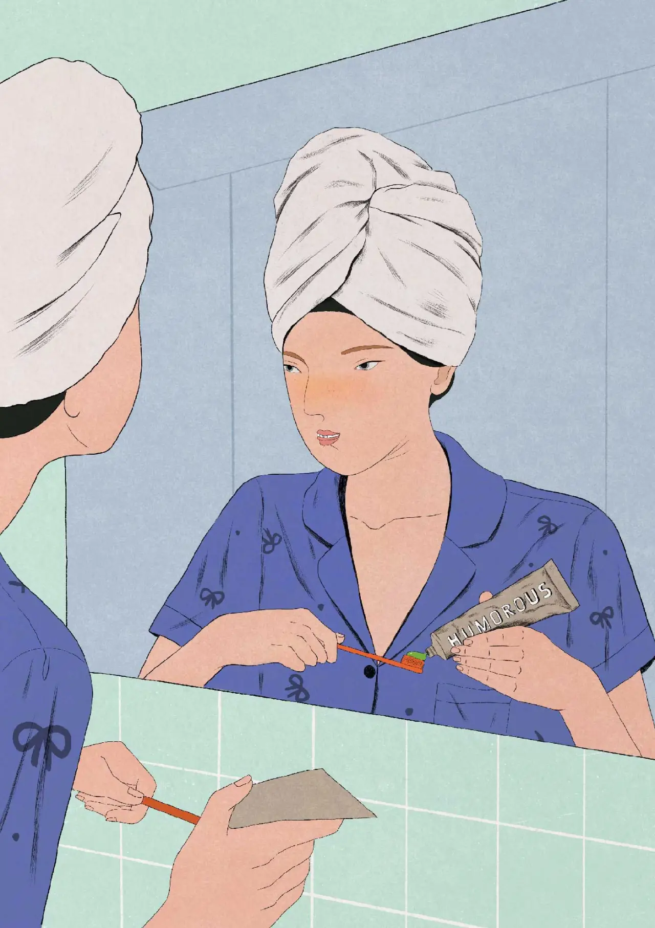 Two figures in a bathroom wrapped in towels, one holding a makeup brush and product, preparing for a grooming ritual