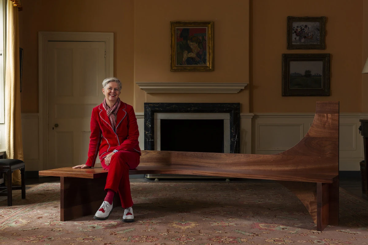 Nina Tolstrup sitting on her bespoke chair for Please Sit at Fenton House. Photo: Oskar Proctor