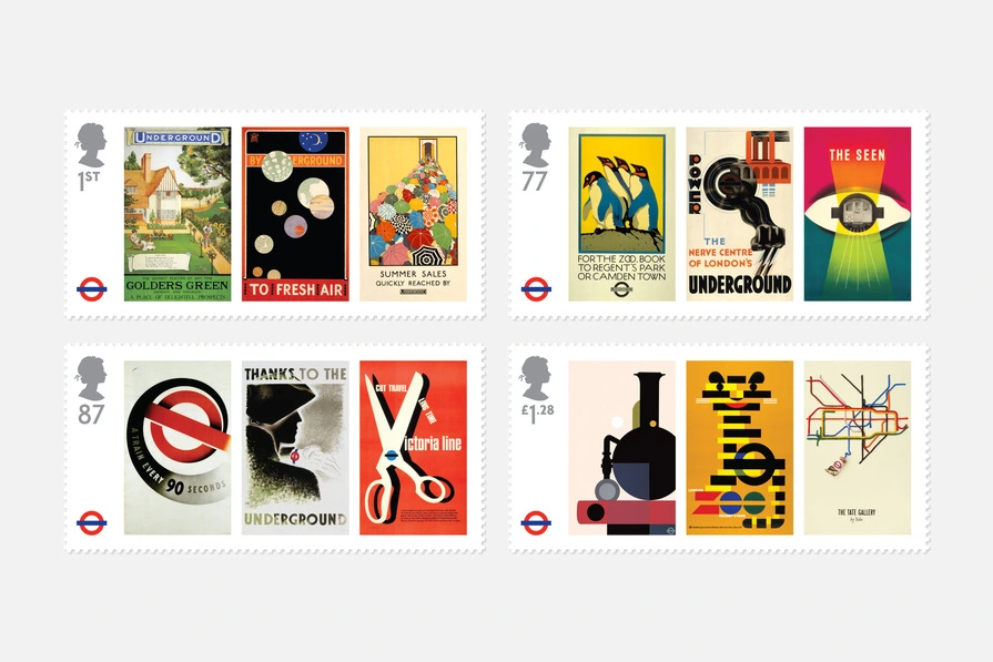 Royal Mail 150 Years of the London Underground stamp set featuring vintage transport posters and designs from the Underground's history