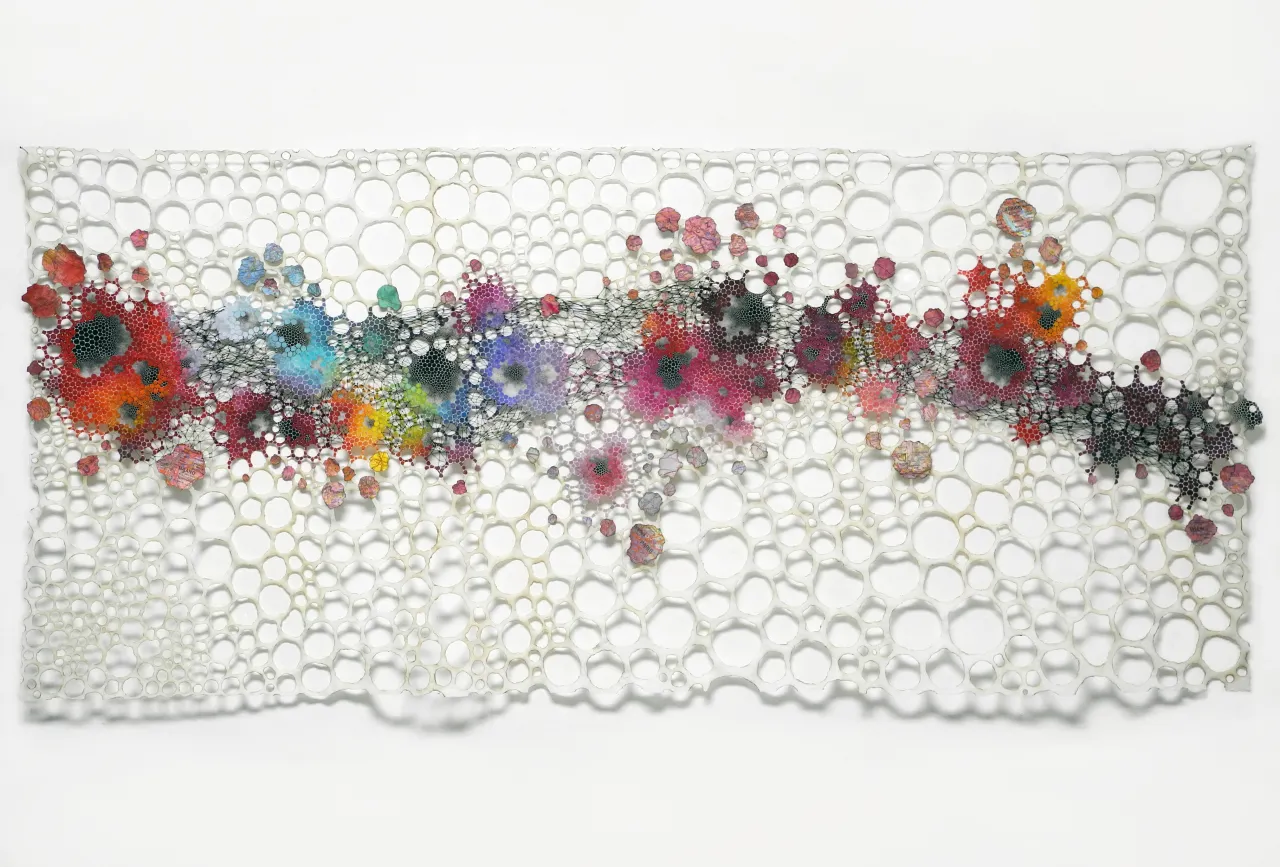 wned Shift Karen Margolis Redshift, 2017 watercolor, gouache, maps, thread on Abaca paper 24 x 54” Courtesy of the artist and Garis & Hahn