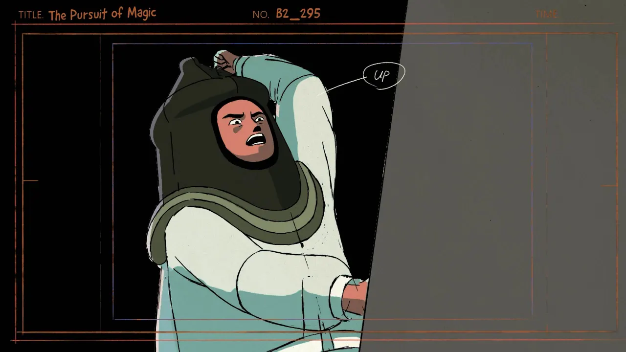 Animated character wearing a hooded olive garment with white sleeves, looking upward with an annoyed expression, from Art&Graft's In Pursuit of Magic film