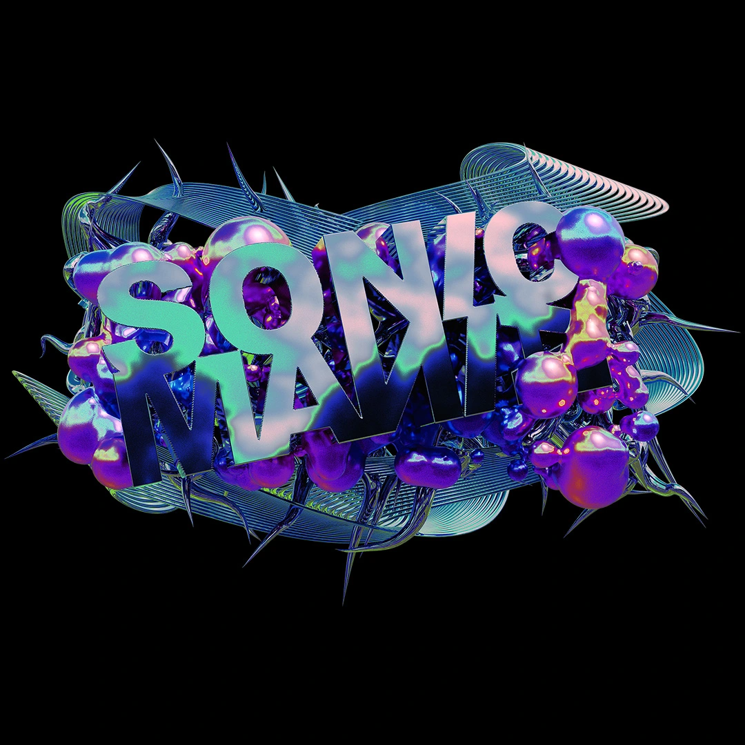 Iridescent 3D rendered text reading "SONIC" surrounded by glowing purple and blue spheres and flowing wireframe shapes against a black background