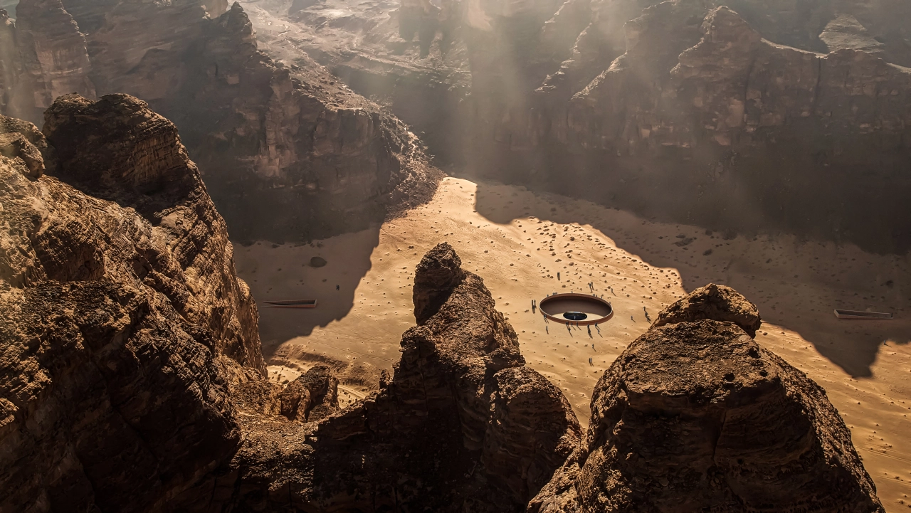 Render of Ashab Al-Lal by Ahmed Mater at Wadi AlFann. Visualization by Atelier Monolit. Courtesy of ATHR Gallery