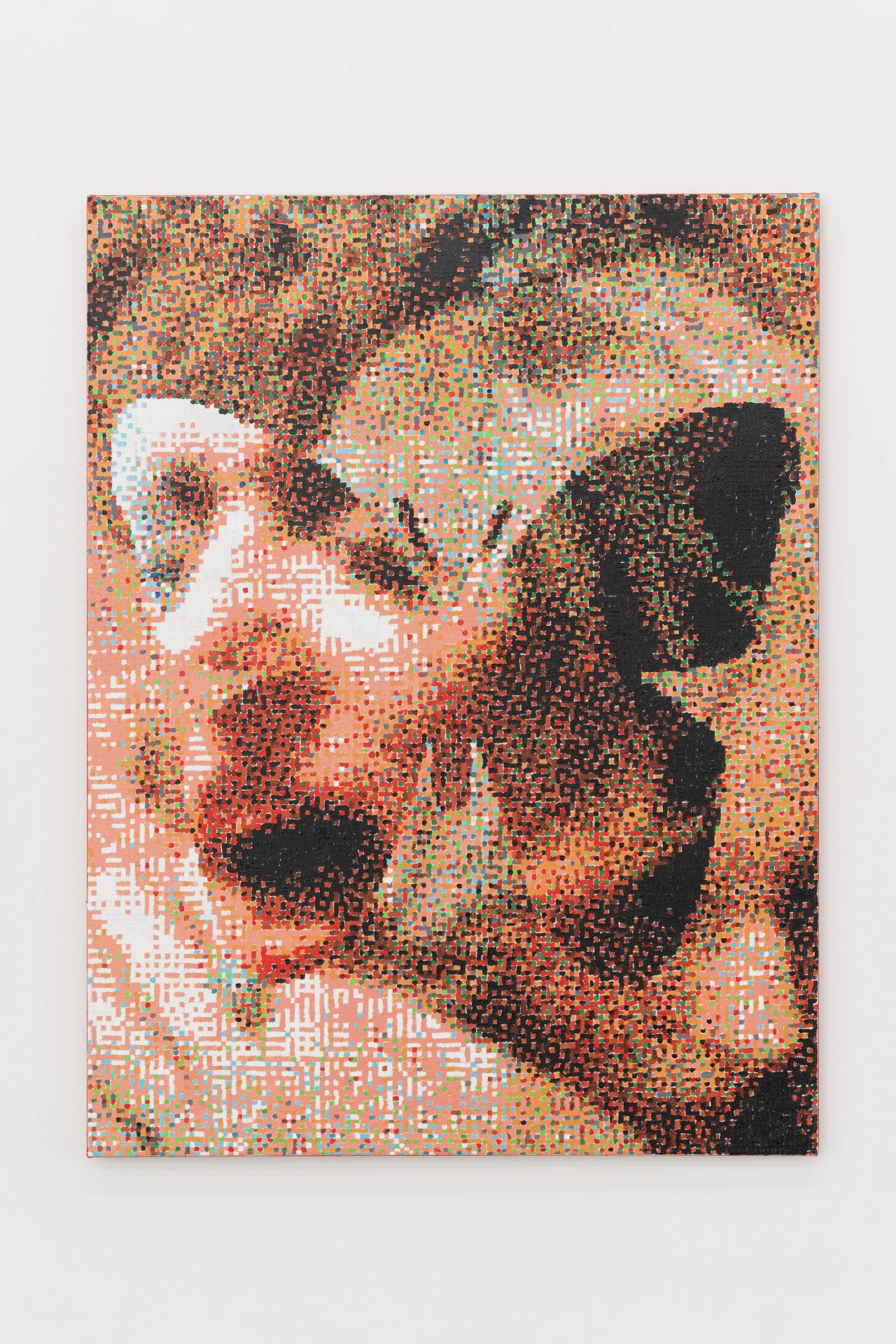 Pixelated oil painting of a face composed of small coloured squares in shades of orange, red, white and black, creating a low-resolution digital effect