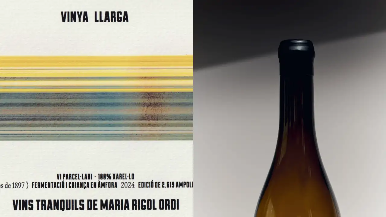 Vinya Llarga wine bottle with a dark glass and gold-coloured wine visible, photographed against a neutral background