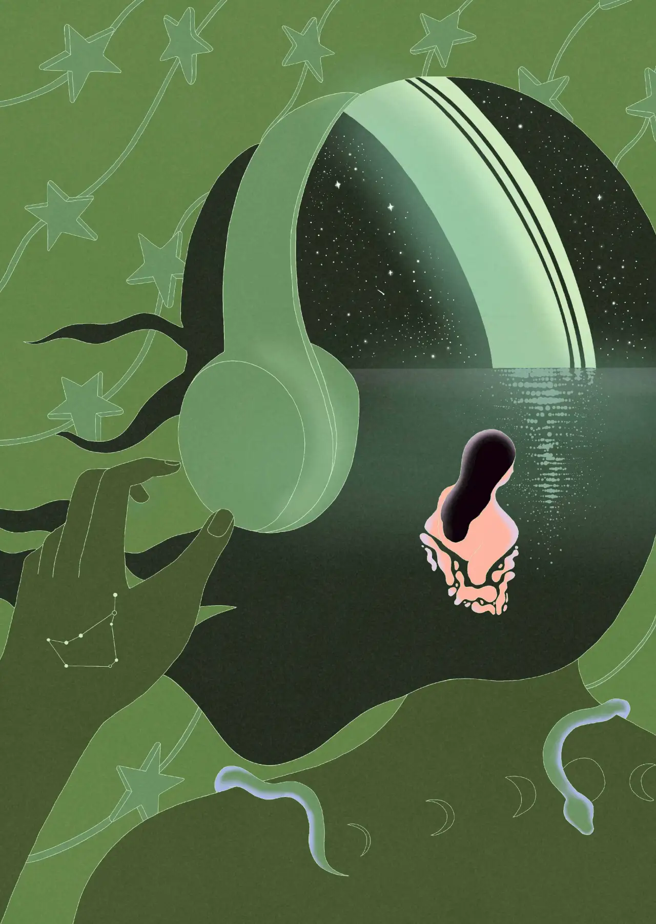 Illustration of a silhouetted head in profile containing a starry night sky and water, with a hand holding glowing headphones to the ear, set against a green background with stars and curved lines