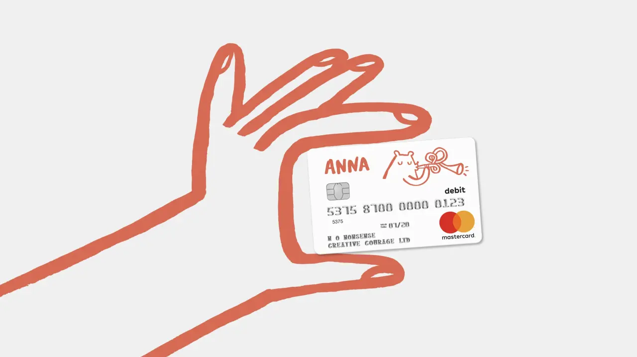 Red line illustration of a hand holding an Anna Money debit card with card details and Mastercard logo visible