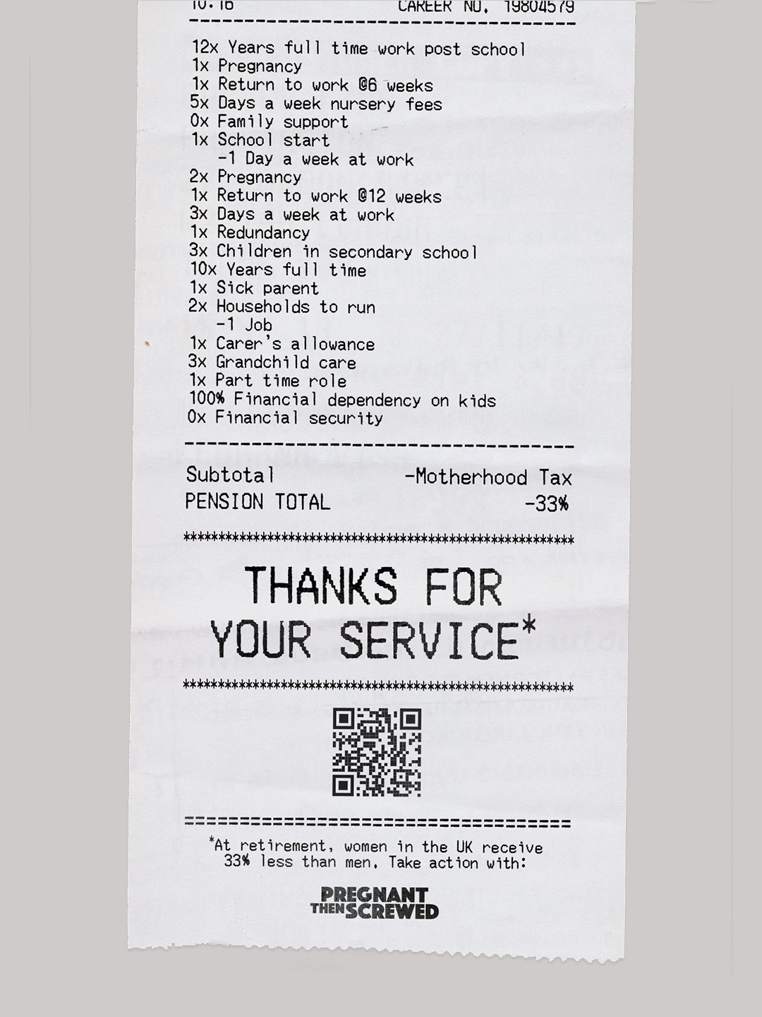 A receipt-style printout listing life events affecting a woman's career, showing 12 years full-time work, pregnancies, nursery fees and redundancy, with pension totals reduced by 33% labelled "Motherhood Tax" and "Thanks for your service" message with QR