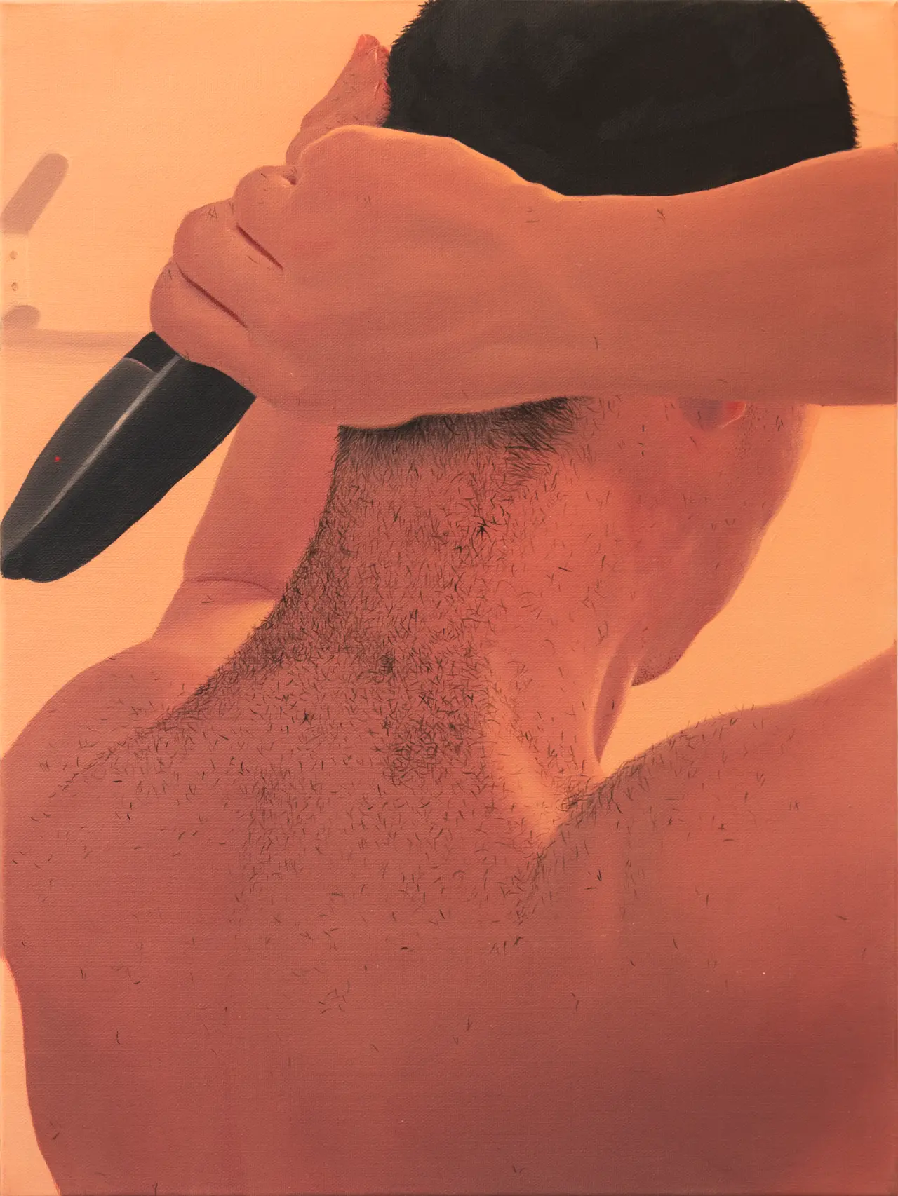A shirtless figure with dark hair holds a knife against their chest against a warm peachy-orange background in this figurative artwork