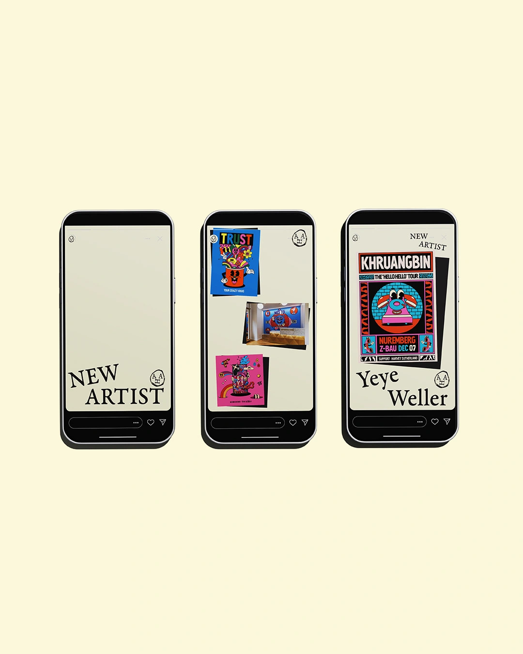 Three smartphone screens displaying A Human Agency's rebrand with "New Artist" labels and imagery of colourful artworks and posters