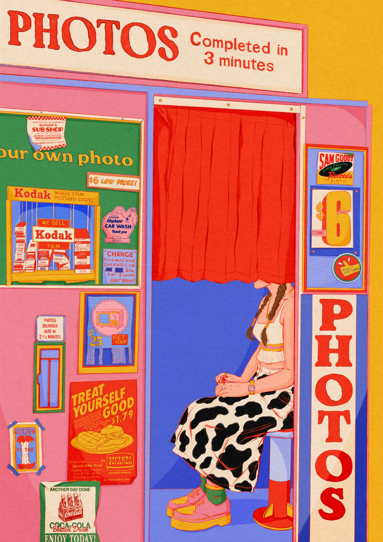 Colourful illustrated photo booth storefront with red curtain, vintage signage and a woman in a swimsuit holding a photograph, surrounded by retro advertising posters on pink and green walls