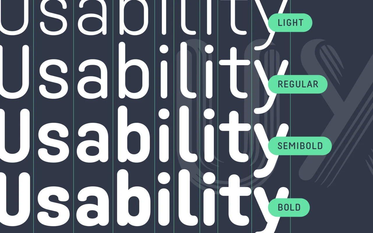 Twista Sans typeface displaying four weights (Light, Regular, Semibold, Bold) with green labels on a dark background, demonstrating the font's uniwidth design