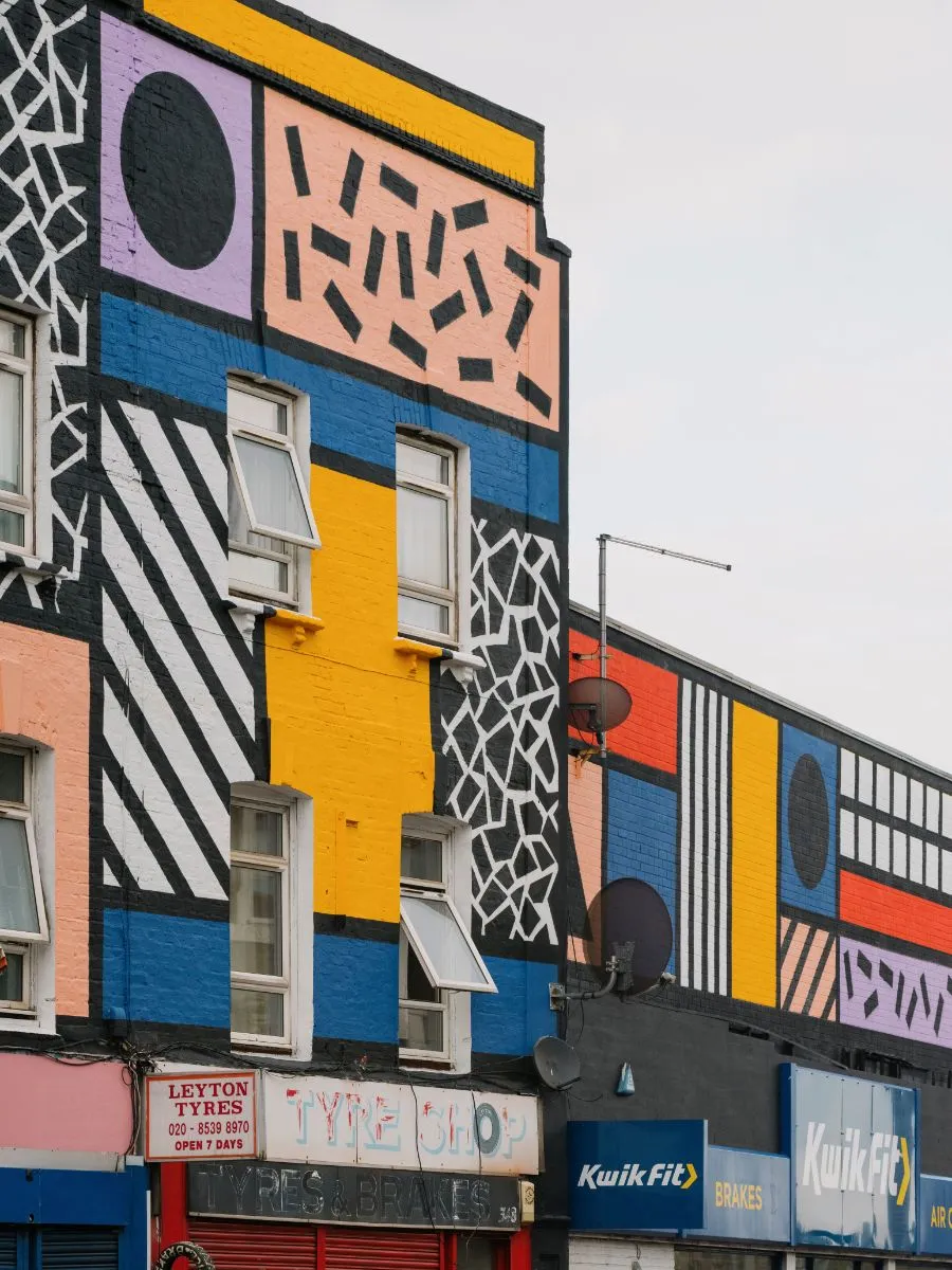 Walala Parade by Camille Walala in Leyton. Commissioned by Wood Street Walls. Photography by Tim Crocker
