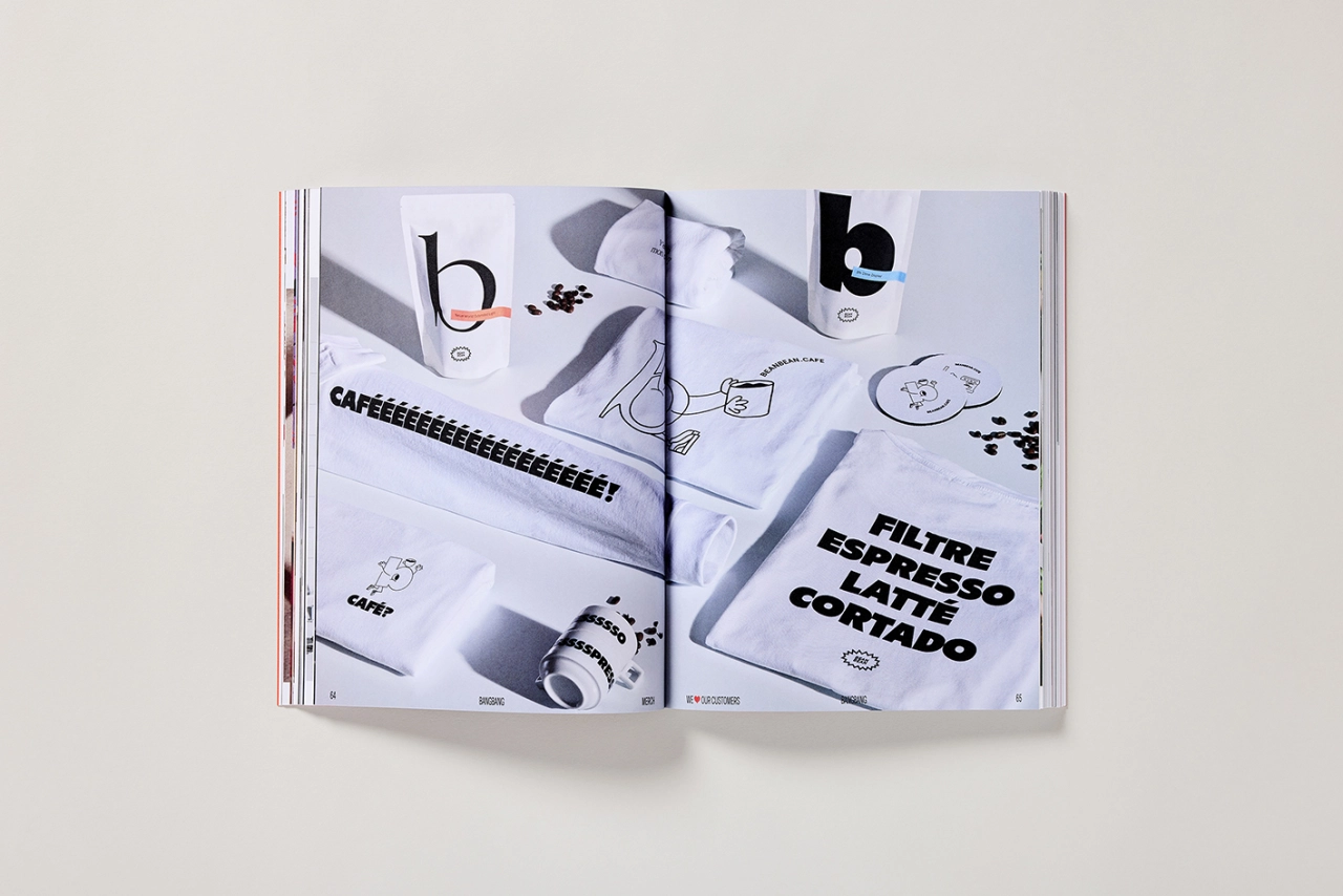 Open spread from Counter-Print's Merch book showing black and white photography of branded merchandise items and design elements with typography and logos
