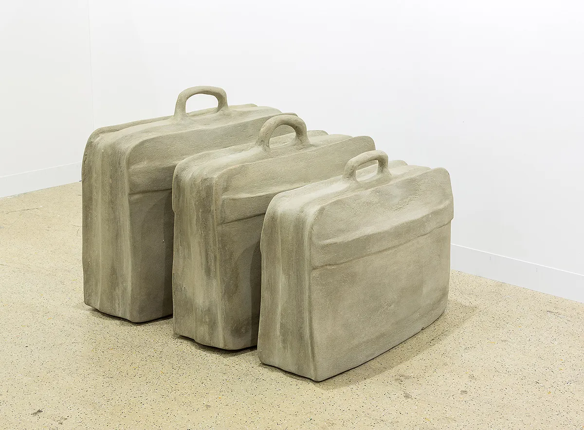 Rayyane Tabet Fossils (The Suitcase) 2014 From the Series: Five Distant Memories: The Suitcase, The Room, The Toys, The Boat and Maradona, 2006 ongoing Three suitcases encased in concrete 84 × 70 × 34 cm 90 × 75 × 34 cm 80 × 60 × 33 cm Image courtesy of Rayyane Tabet and Sfeir-Semler Gallery, Hamburg/Beirut