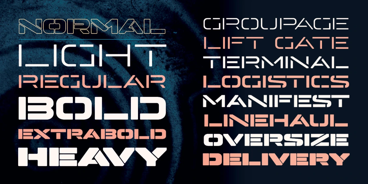 Hyperspace Cargo typeface displaying weight variations from normal light to heavy, with supplementary styles including regular, bold, extrabold, and a list of design applications like groupage, lift gate, terminal logistics, manifest, linehaul, oversize a