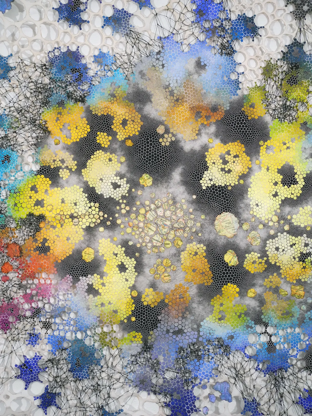Extravasate Karen Margolis Extravaste, 2018 watercolor, gouache, maps, thread on Abaca paper 58”x 44” Courtesy of the artist and Garis & Hahn