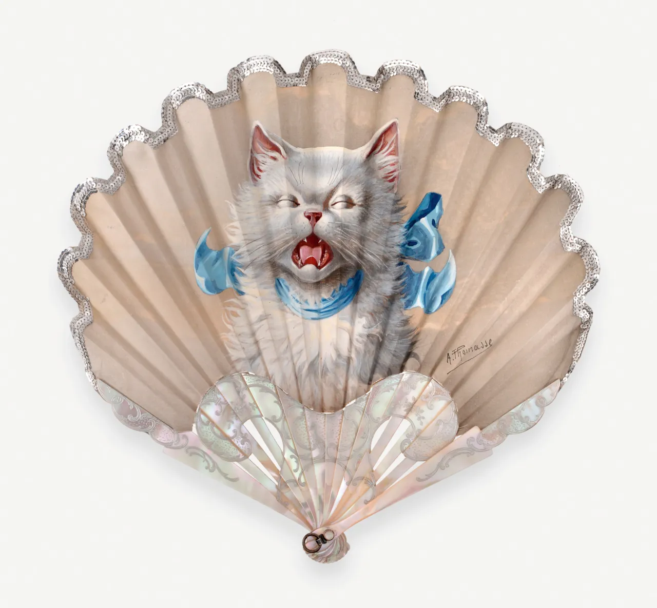 This vintage "Cat fan" was painted by French artist Adolphe Thomasse and manufactured by Duvelleroy around 1905