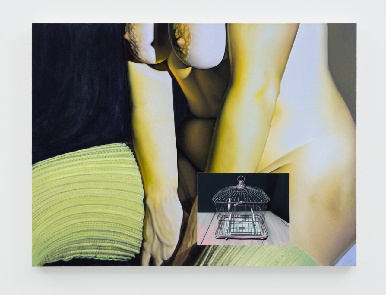 Abstract painting by Charlotte Fox featuring intertwined nude figures in yellow tones with lime green pleated fabric and an inset of a decorative birdcage