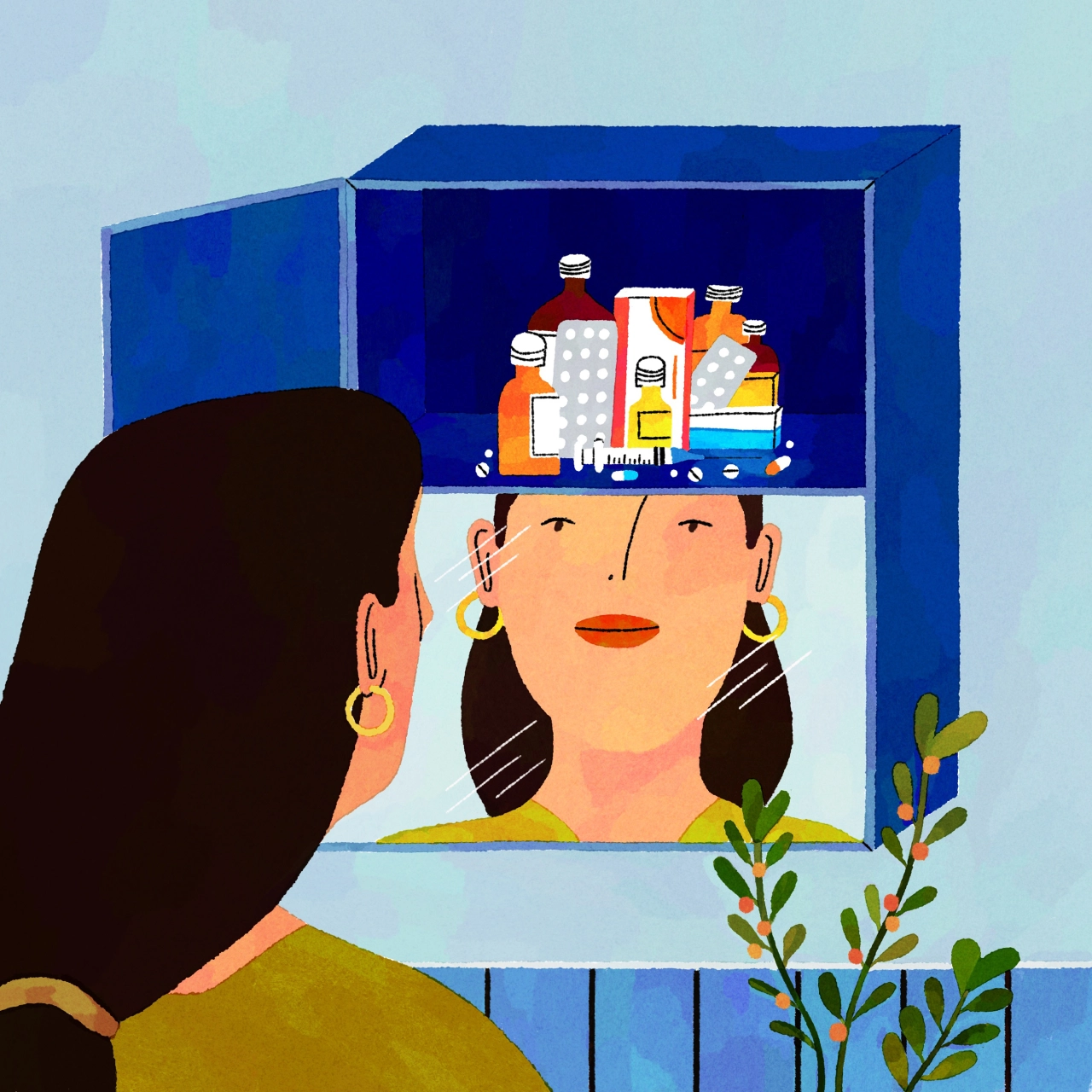 Woman with dark hair and gold hoop earrings seen from behind, looking at an illustration of a smiling woman whose head contains a blue window displaying a colourful cityscape with buildings and people