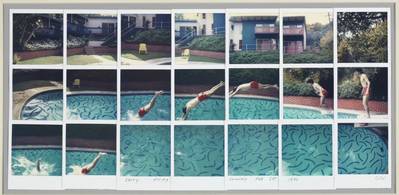 David Hockney "Jerry Diving Sunday Feb. 28th 1982" Composite polaroid 10 1/2 x 24 1/2" © David Hockney Photo Credit: Richard Schmidt