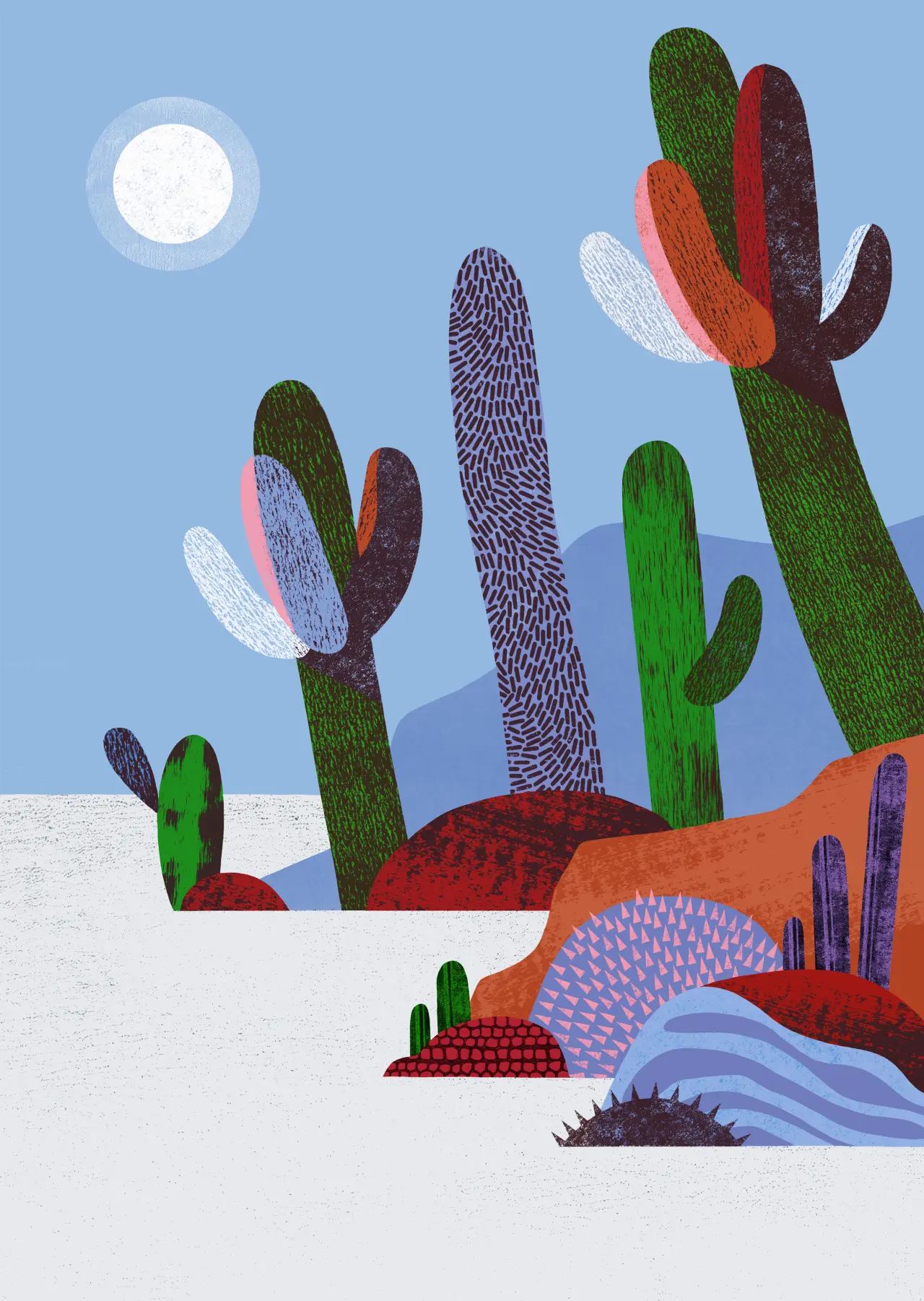 Illustrated desert landscape with colourful cacti of varying heights and textures against a blue sky with a white moon and distant mountains