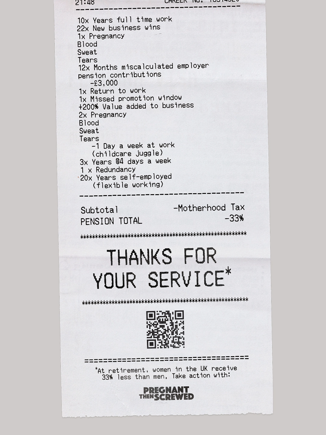 Printed receipt-style image from Pregnant Then Screwed campaign itemising career impacts of motherhood, concluding with "Thanks for your service*" and noting women receive 33% less pension than men in the UK