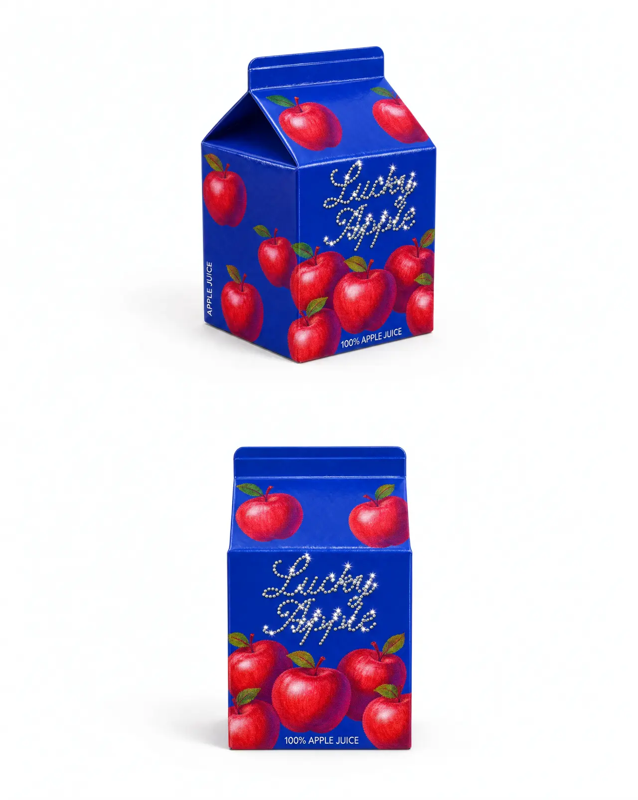 Blue apple juice carton packaging mockup with red apples and "Fresh Apple" text, shown from two angles