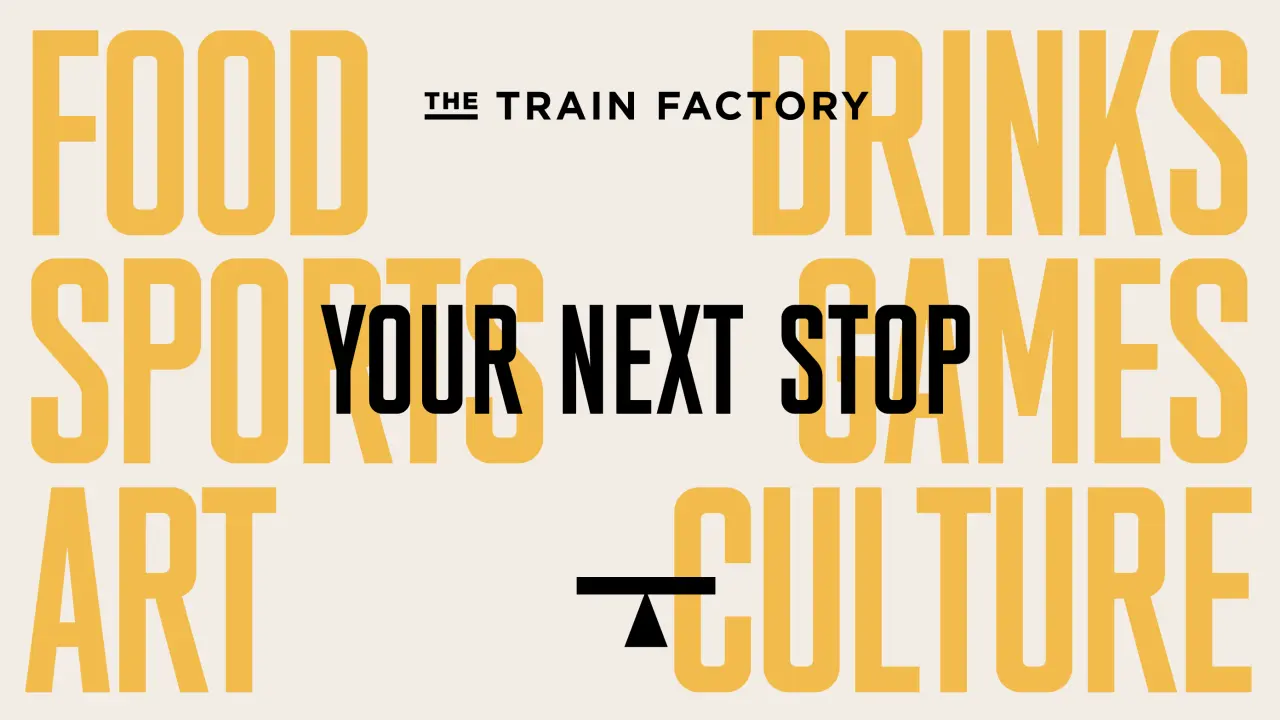 The Train Factory logo and branding with "food, drinks, sports, culture" text overlaid in gold and black typography on a cream background