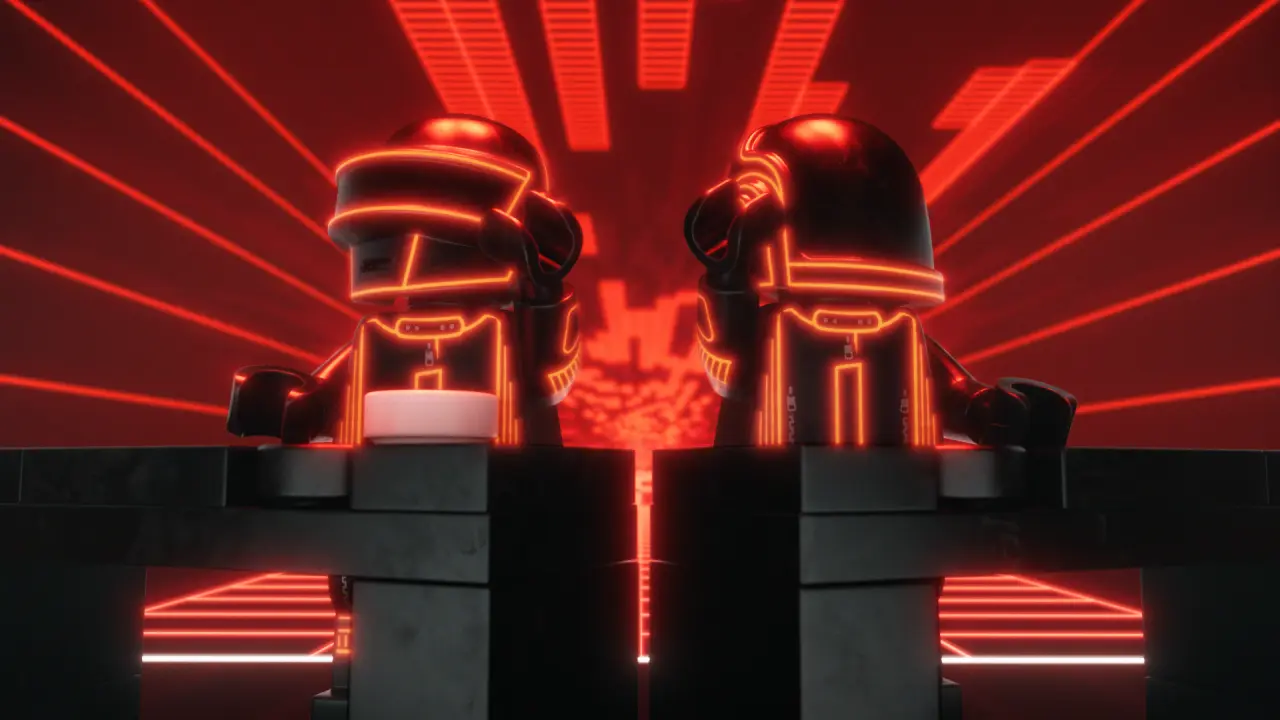 Two glowing neon helmets with radiating red light beams in a futuristic digital setting, referencing Daft Punk's iconic robotic personas