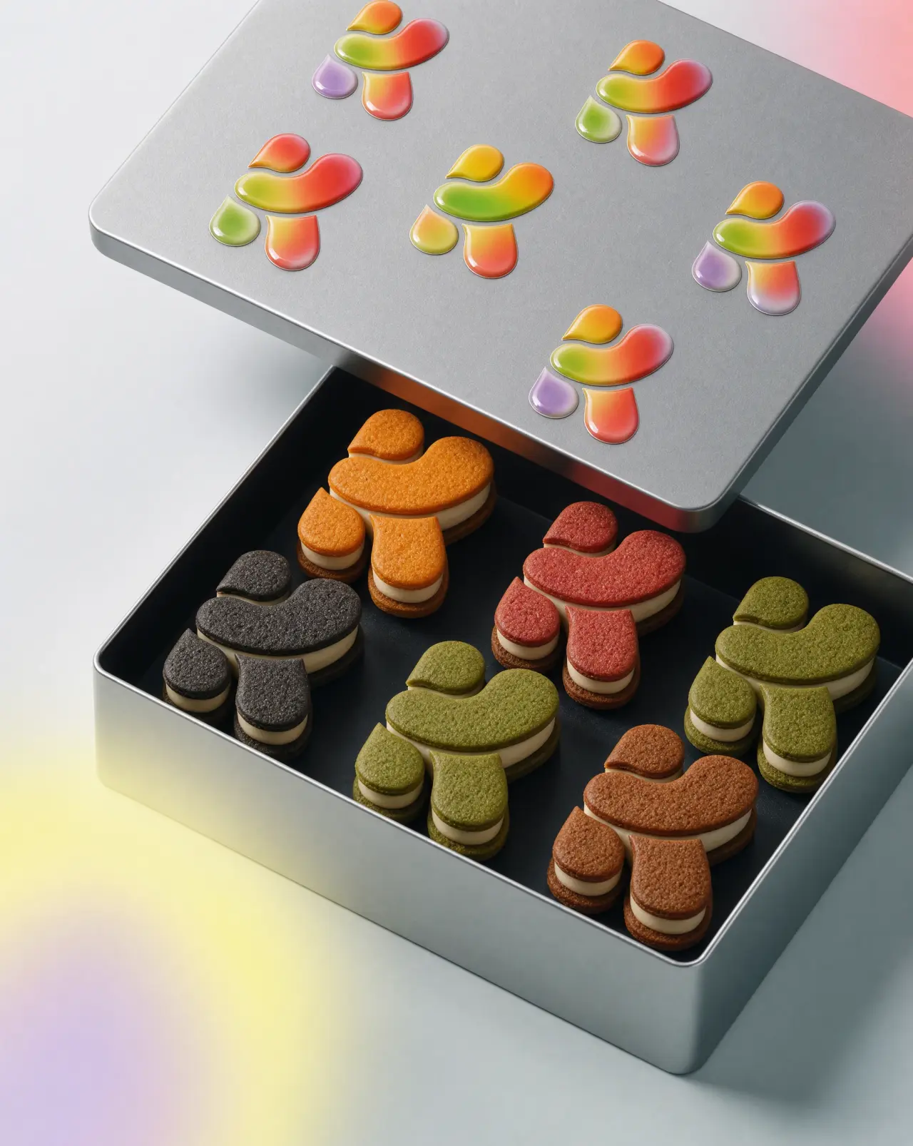 Colourful mushroom-shaped biscuits arranged in a black box below a grey lid showing gradient illustrations of the same designs