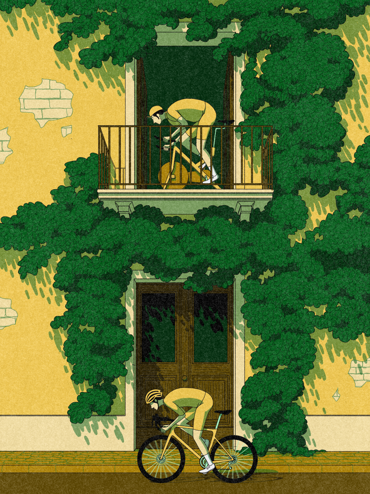 Illustrated figure on a bicycle outside a yellow building with climbing ivy and a balcony above where another figure sits on a chair