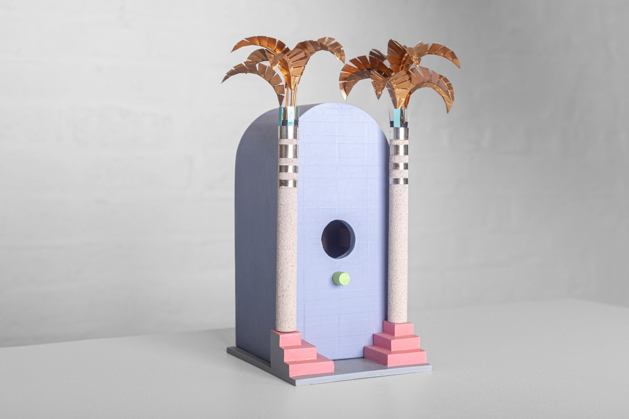 The Patrick Birdhouse by Jason Sargenti. "This was influenced by the hybrid cool of Hans Hollein, Austrian Travel Agency Headquarters, and the painter Nagel's Deco revival styling," says Jason. "The house is all about the shadows that fall from the trees"