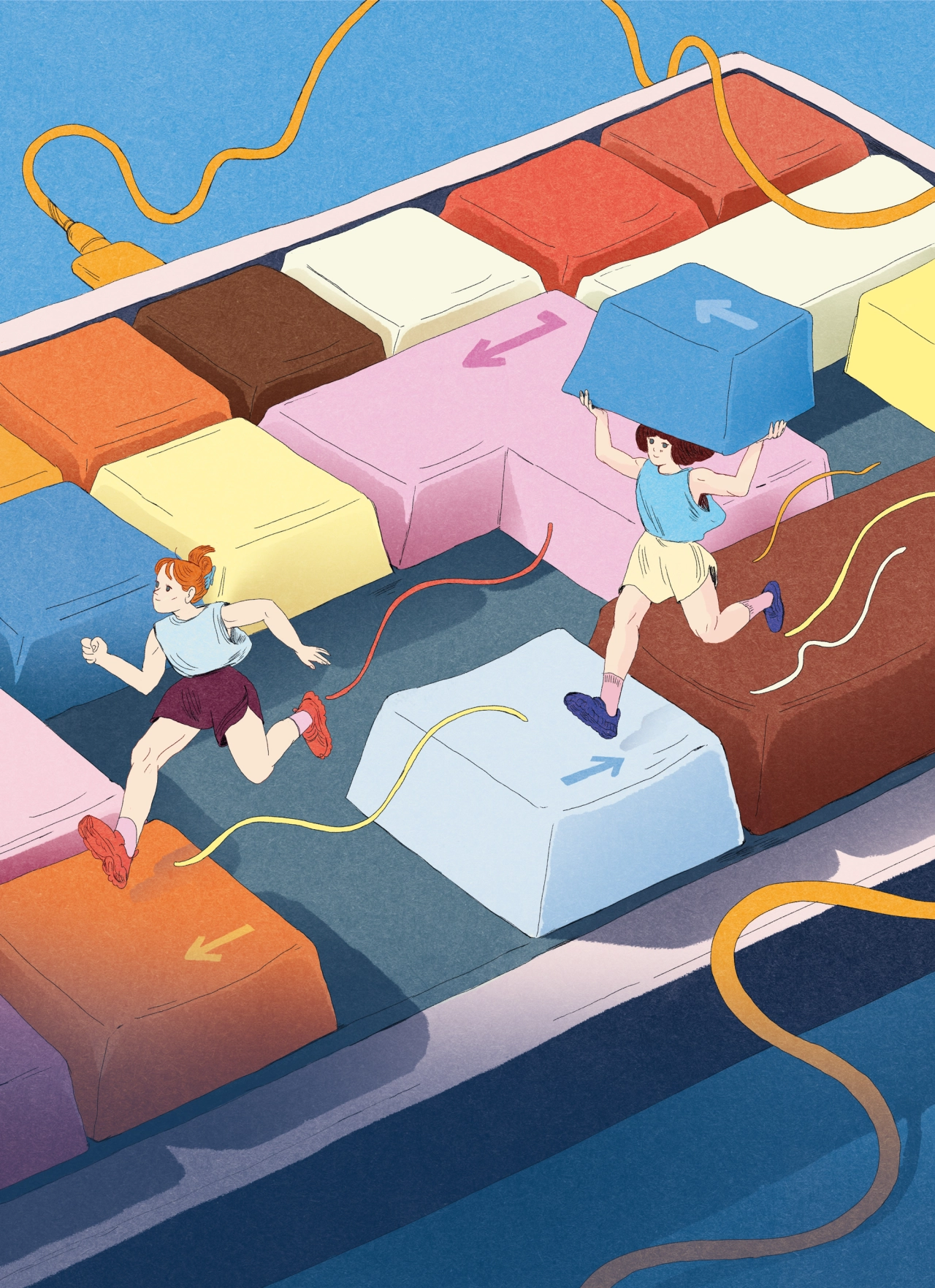 Two figures navigating through a maze-like landscape of colourful cushions and pillows connected by golden strings against a blue background