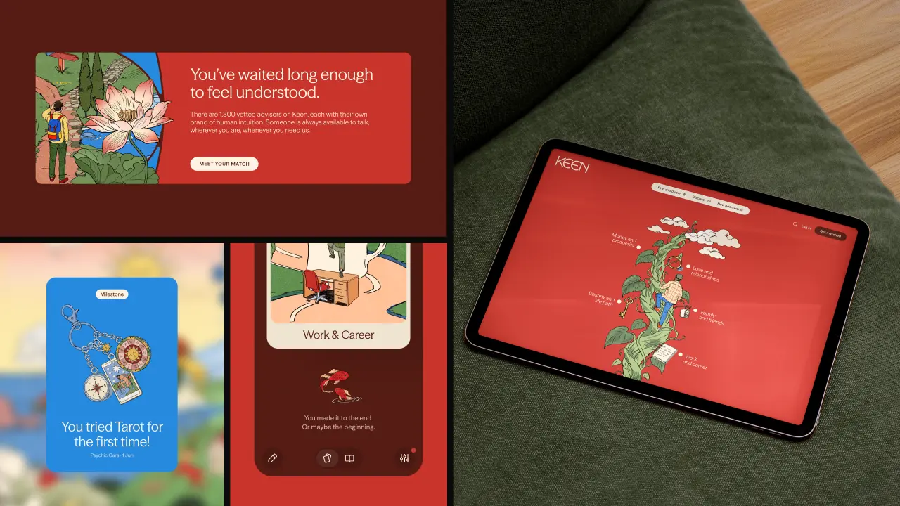 Keen platform interface displayed on multiple devices showing red background with folk-art botanical illustrations by María Jesús Contreras