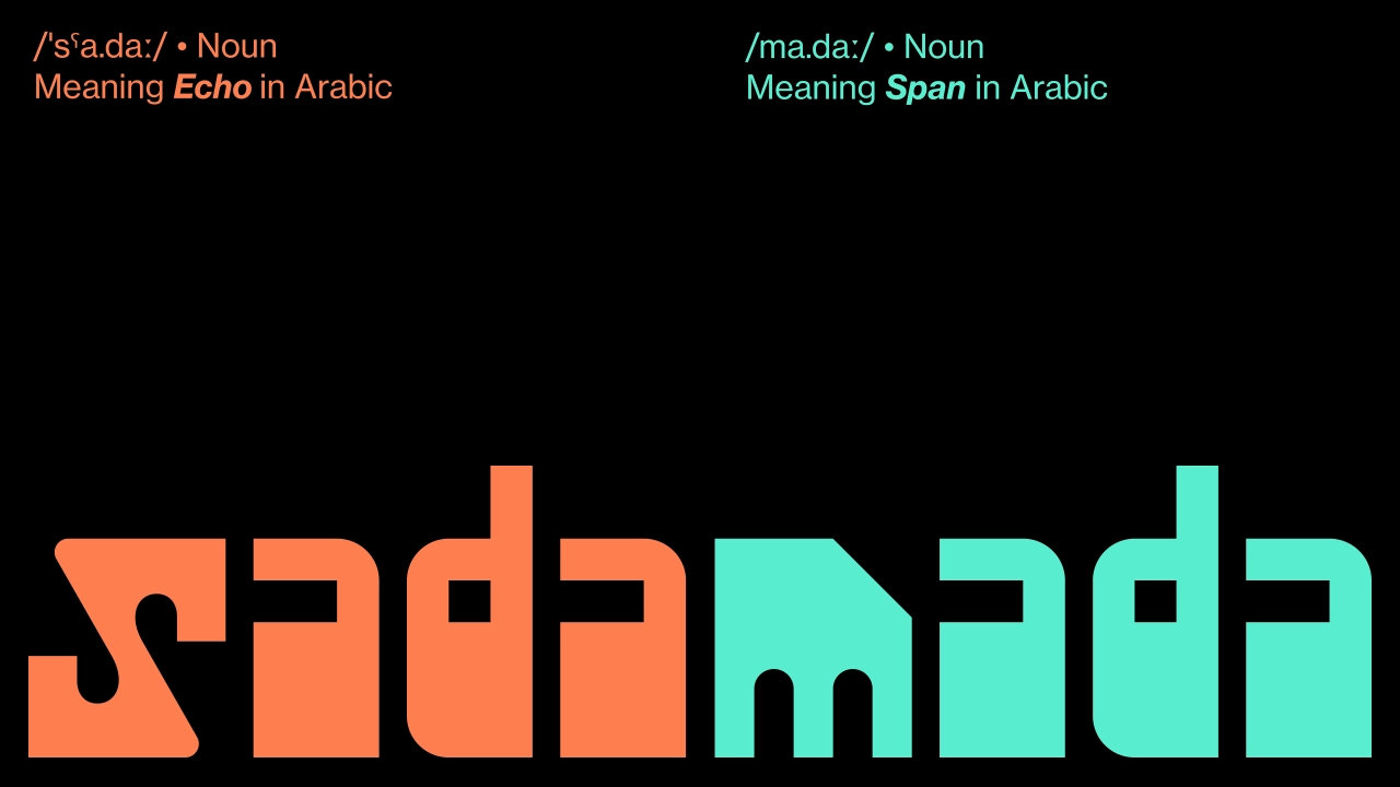 Pentagram's dual logos for Doha Design District showing Sada in orange and Mada in turquoise, split typographically down the middle