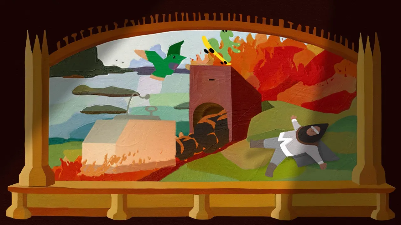 A stage set diorama showing illustrated characters including a figure in a wagon, a skateboarder, and a trumpet player against a colourful backdrop of landscape and buildings