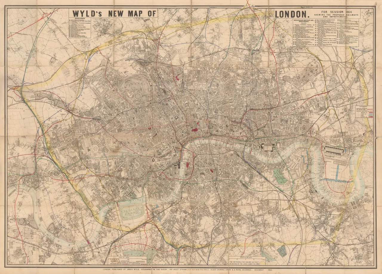 Wyld’s New Map of London for Session 1864 Showing the Proposed Railways and Improvements, James Wyld, 1863. Courtesy of The Map House