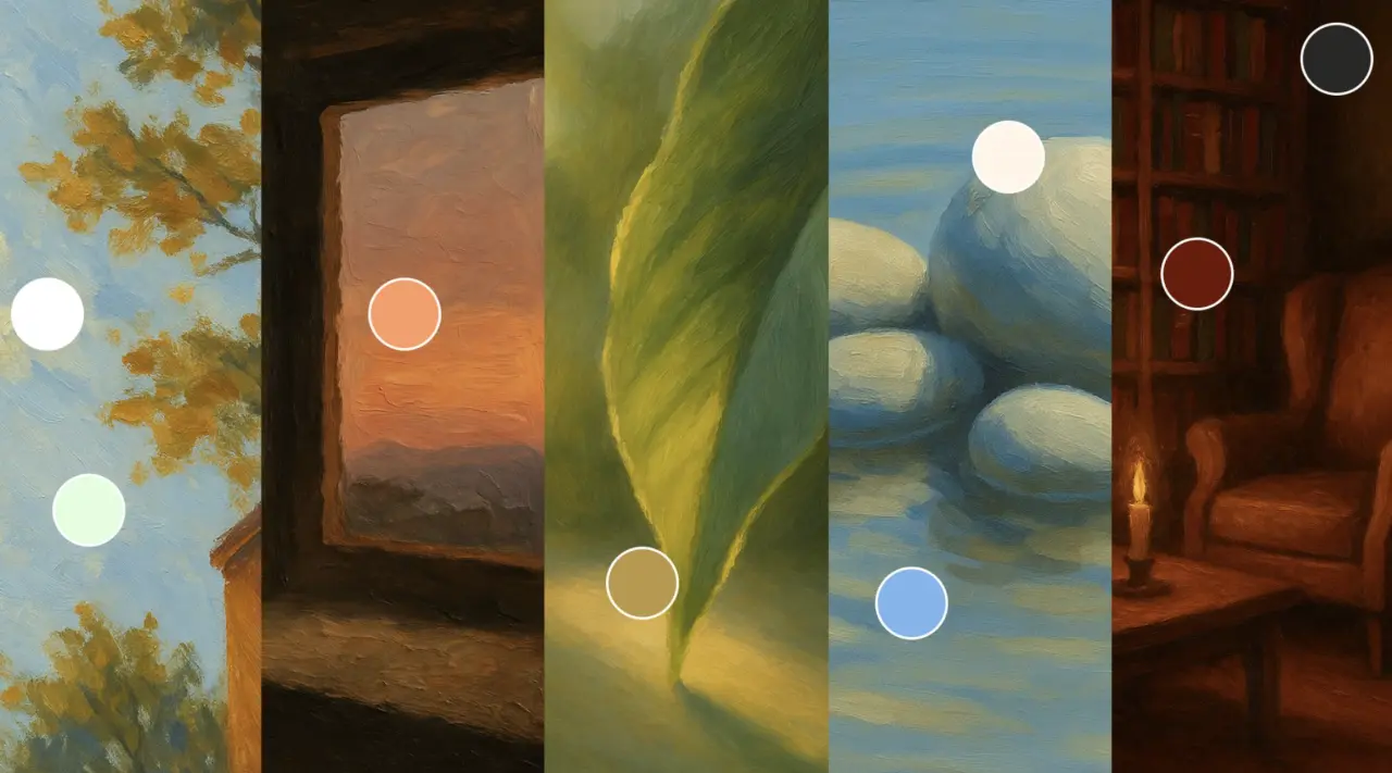 Five vertical panels showing different AI-generated painted scenes with coloured circles overlaid, demonstrating the visual style created for Untold's branding