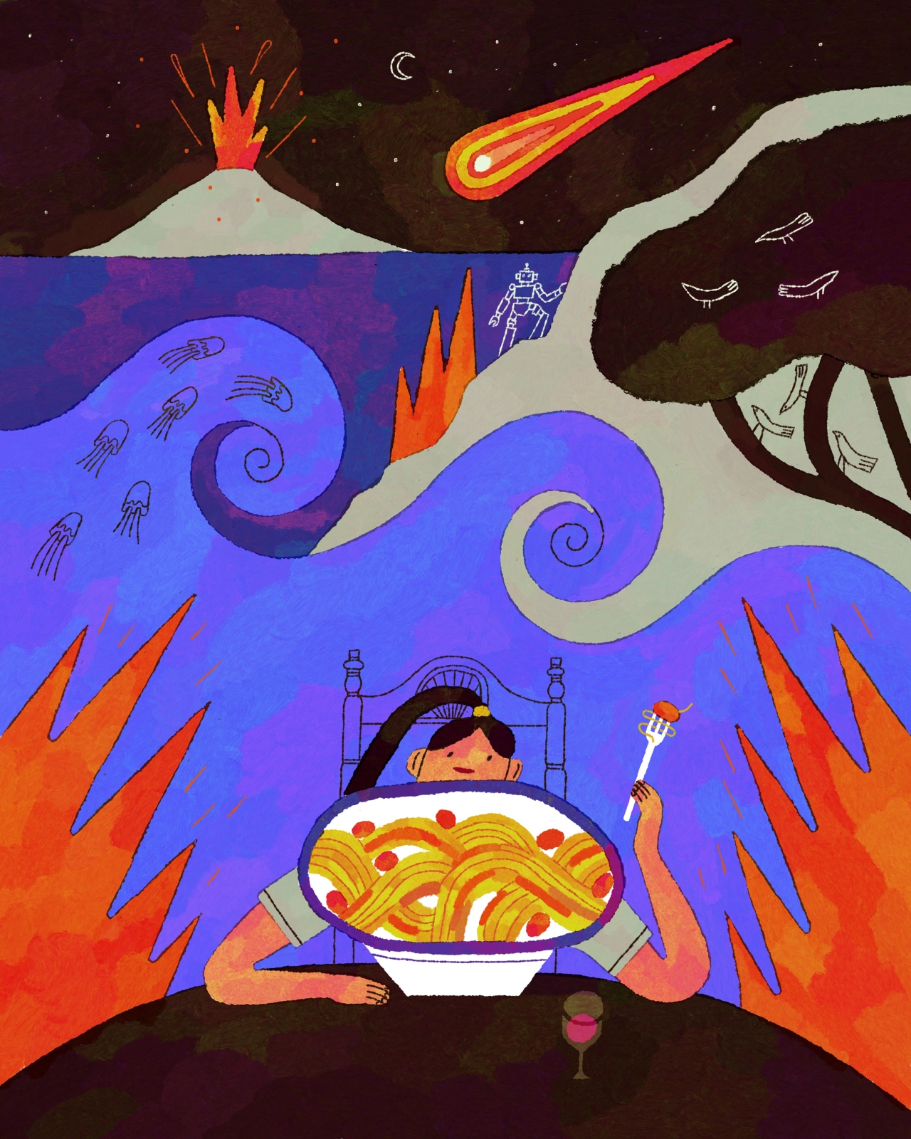 Colourful illustration of a figure in bed surrounded by flames, holding a fork over a giant bowl of spaghetti, with swirling blue waves and a volcano above