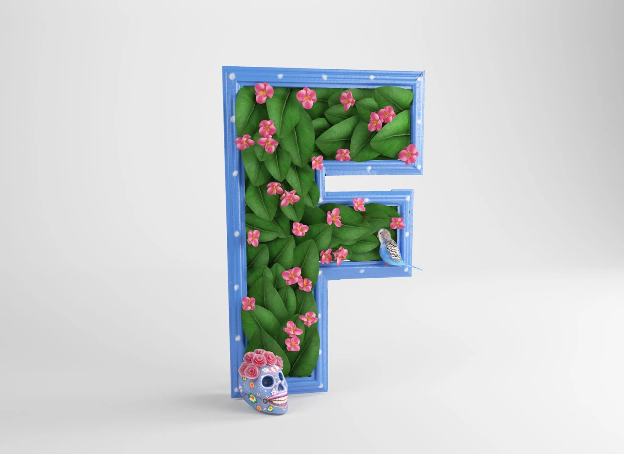 Blue letter F filled with green foliage and pink flowers inspired by Frida Kahlo's work, with a decorative skull motif at the base
