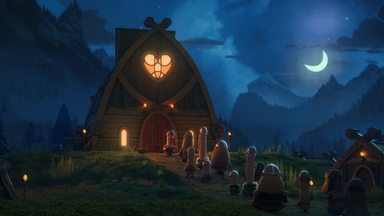 Jordic the Viking messenger stands illuminated inside a glowing longhouse at night, surrounded by his Viking companions in a moonlit forest landscape