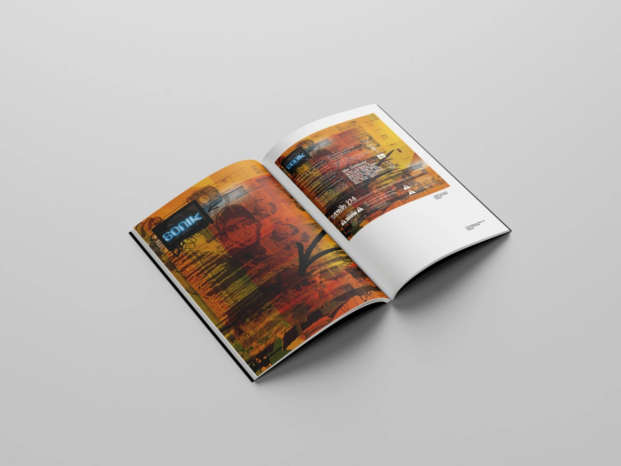 Open pages of Drawing on the Future showing warm-toned imagery with text and graphics from Perth's underground rave scene design work